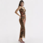 Vintage Flower Print Ruched Mesh Corset Slip Bodycon Maxi Dress - Brown